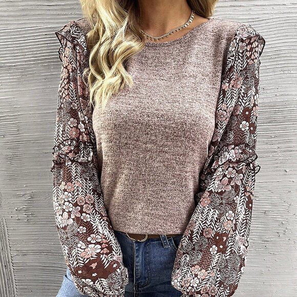 Coffee Brown Casual Women's Crew Neck Floral Blouse - Picture 3 of 7